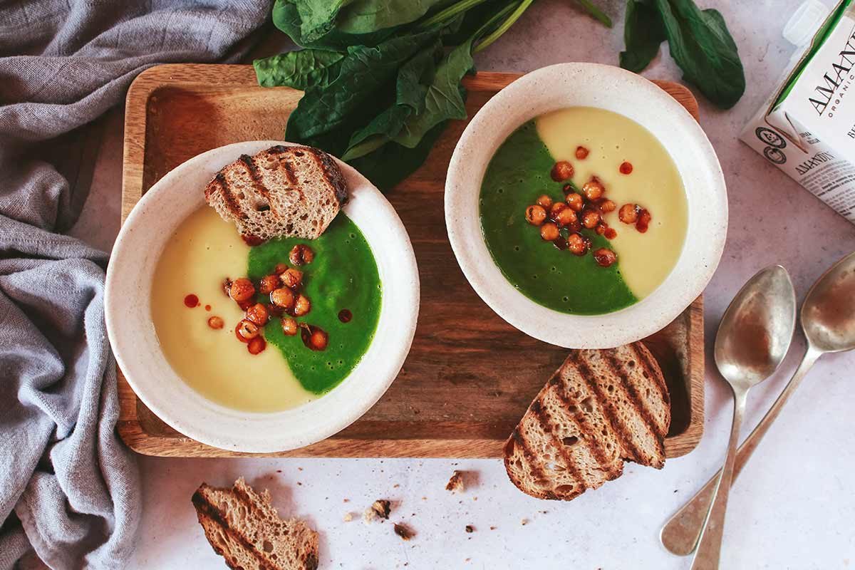 Receta: Crema bicolor de espinacas y puerro