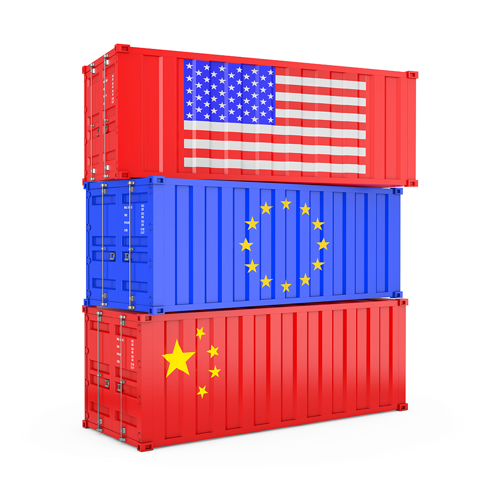 International Shipping Concept. Cargo Shipping Containers with USA, Euro and China Flag on a white background. 3d Rendering