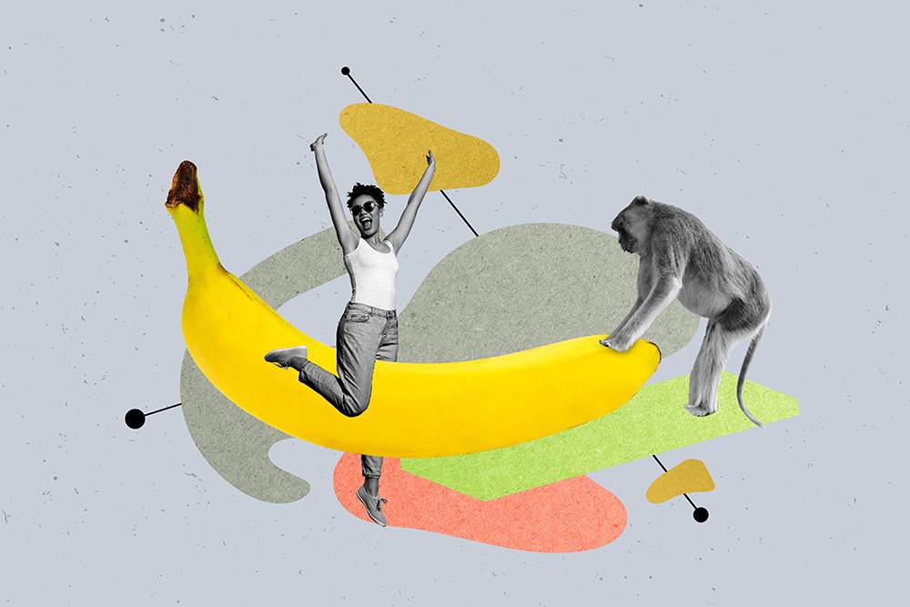 Artwork image creative photo collage of happy girl guy stand banana fruit ride detox nutrition chimpanzee animal monkey zoo