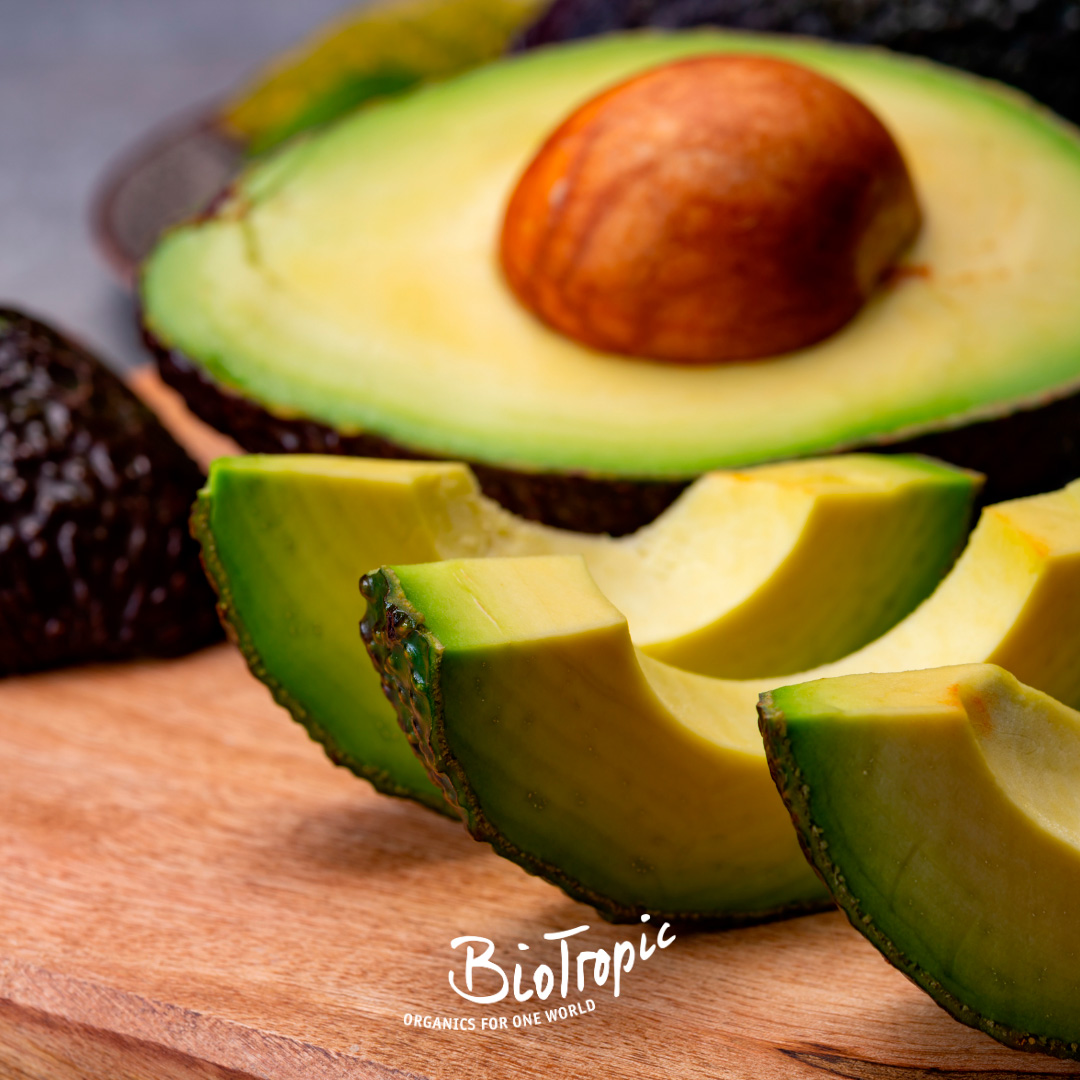 Biotropic organic avocado cut open and sliced
