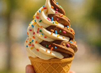 Tentempiés saludables en verano: cómo alimentar e hidratar a los más pequeños Ice cream cone in female hand with colorful sprinkles on it.