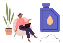 Comprar productos naturales online: qué conviene comprobar antes de elegir Remote work, sustainability, eco-friendly products, digital communication, innovation, health awareness. A woman sits with a laptop next to a plant and an oil bottle. Remote work and sustainability