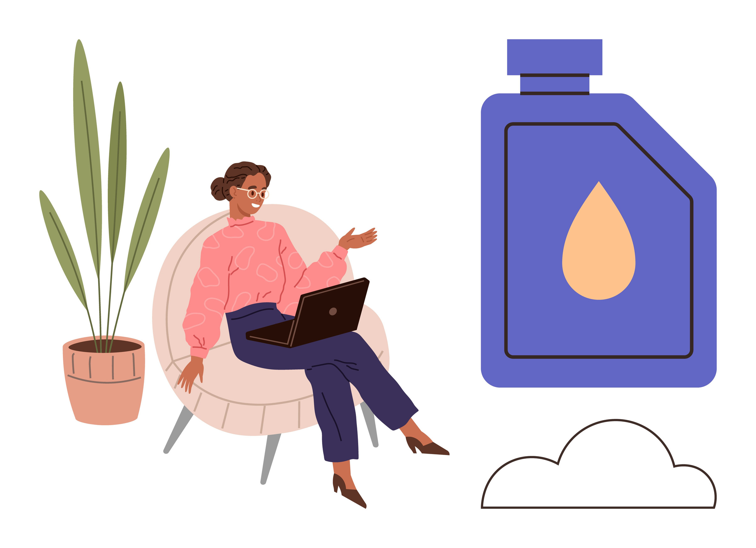 Remote work, sustainability, eco-friendly products, digital communication, innovation, health awareness. A woman sits with a laptop next to a plant and an oil bottle. Remote work and sustainability