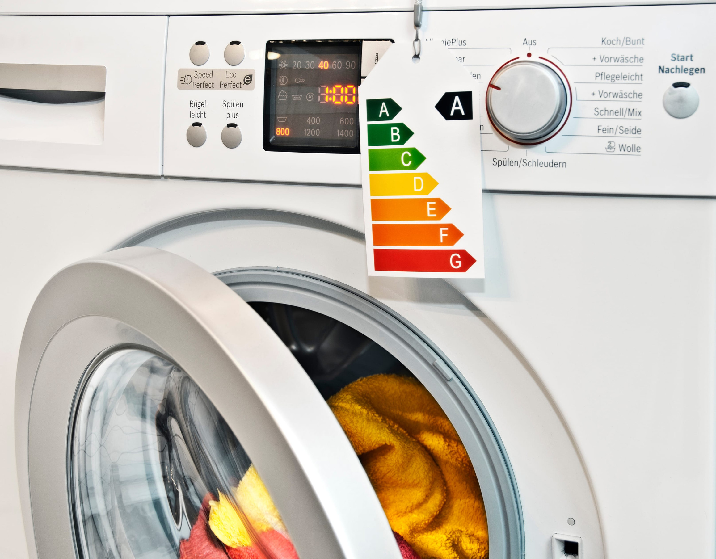 Modern washing machine with energy efficiency label